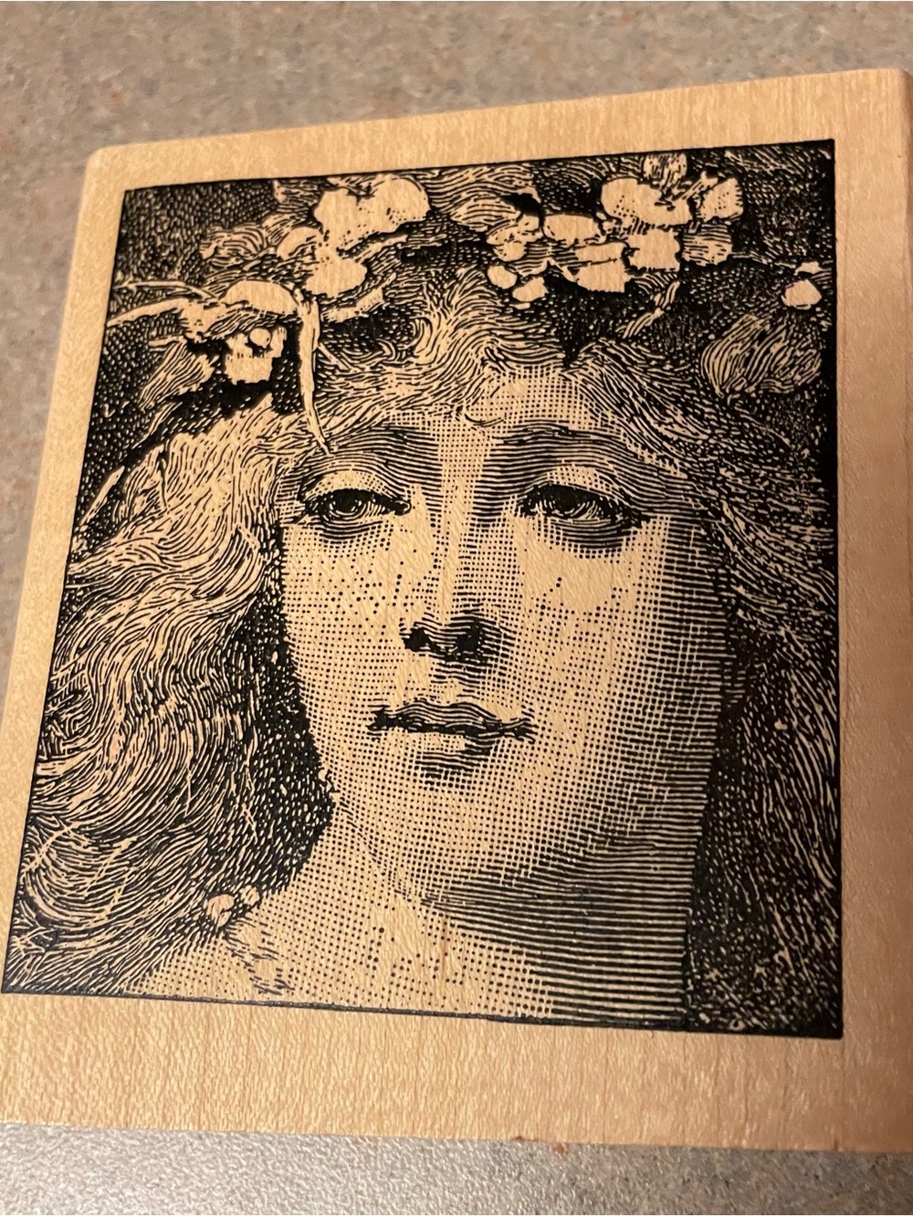 Flower Crown Vintage Woman Wood Mounted Rubber Stamp, 4 X 5”